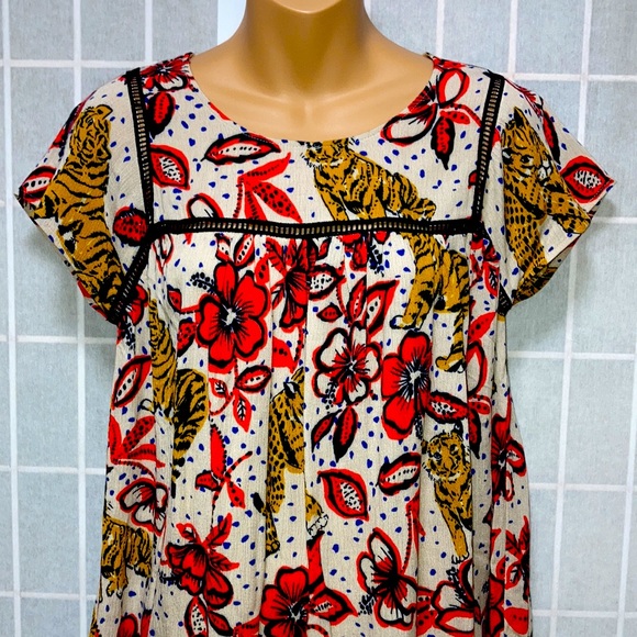 Coreylynncalter ANTHROPOLOGIE Tiger &Tropical Floral Print Summer Tunic Top XS - Picture 2 of 10